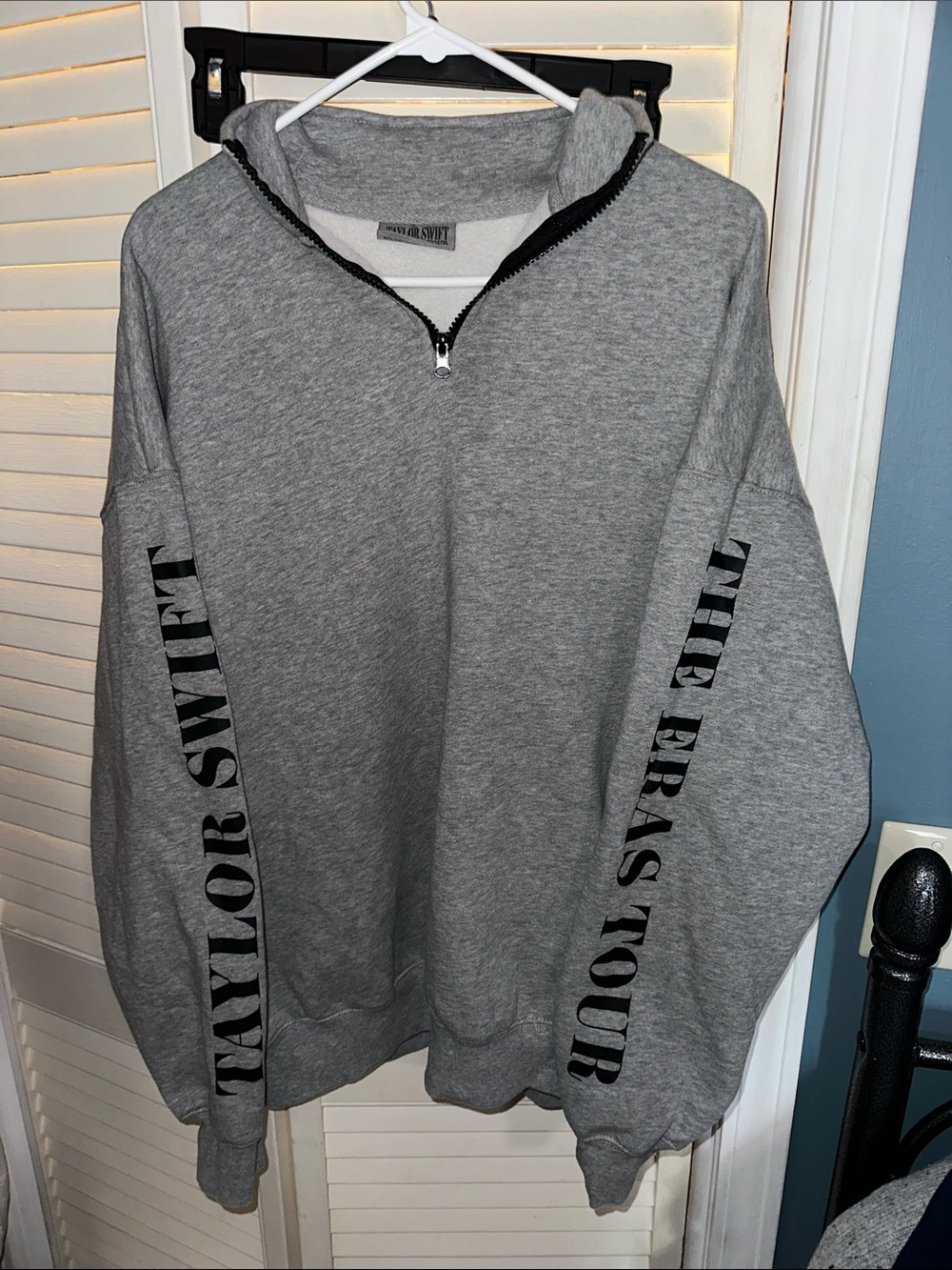 Taylor Swift Gray Half-Zip Sweatshirt with Black Sleeve Text